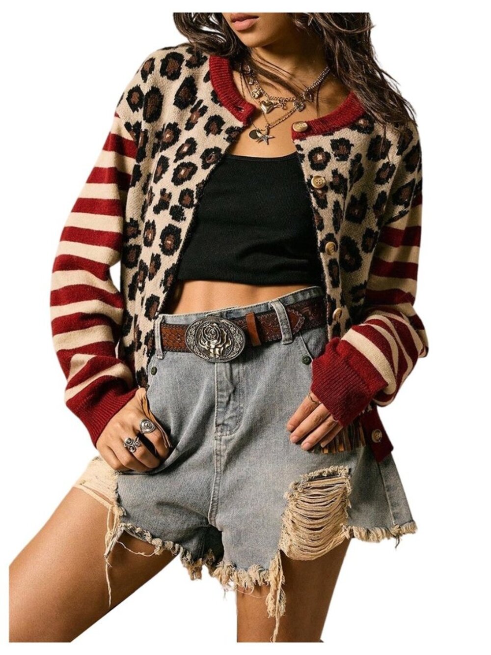 Women's Leopard Cardigan Sweater Y2k Striped Colorblock Tops